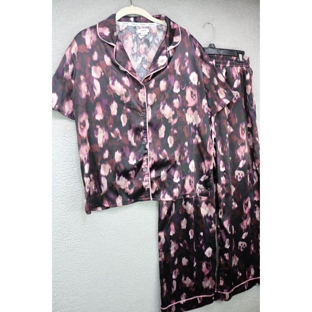 Jason Wu Short Sleeve Button-Up Satin Pajama Set-Medium-Drawstring-Pockets